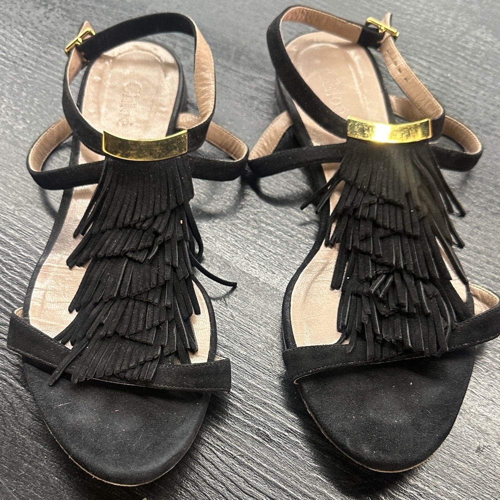 Chloe Black Fringe Sandals Sz 39.5